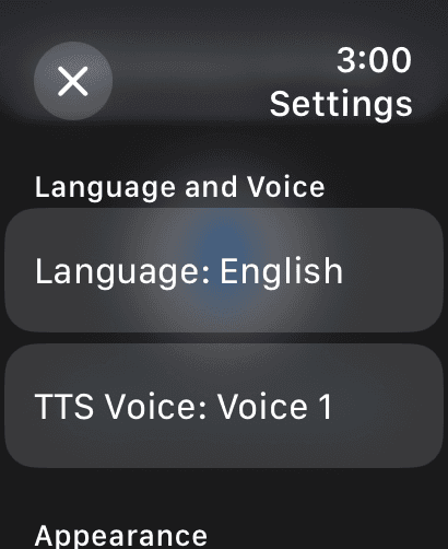 Whisperer text-to-speech language selection on Apple Watch