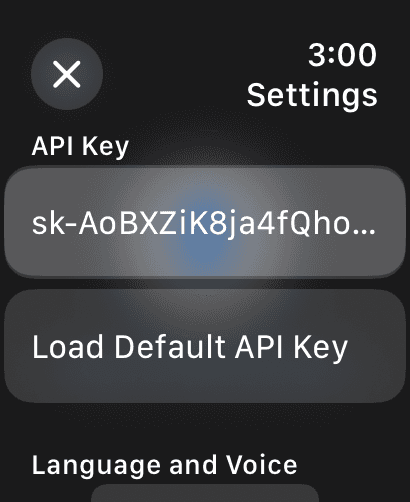 Whisperer API key settings screen on Apple Watch